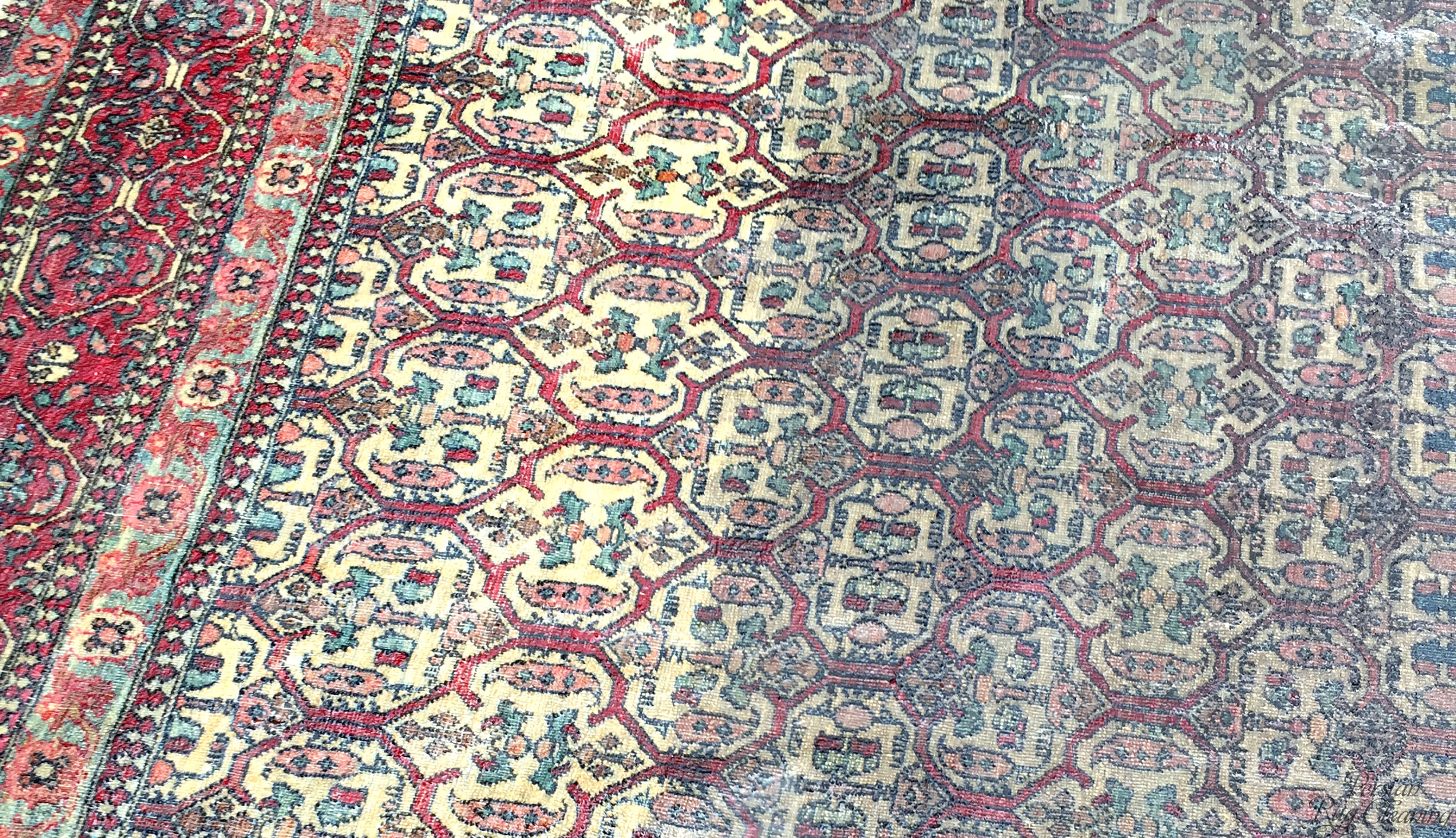 Rug Cleaning London - Isfahan Rug half washed to demonstrate Before and After results